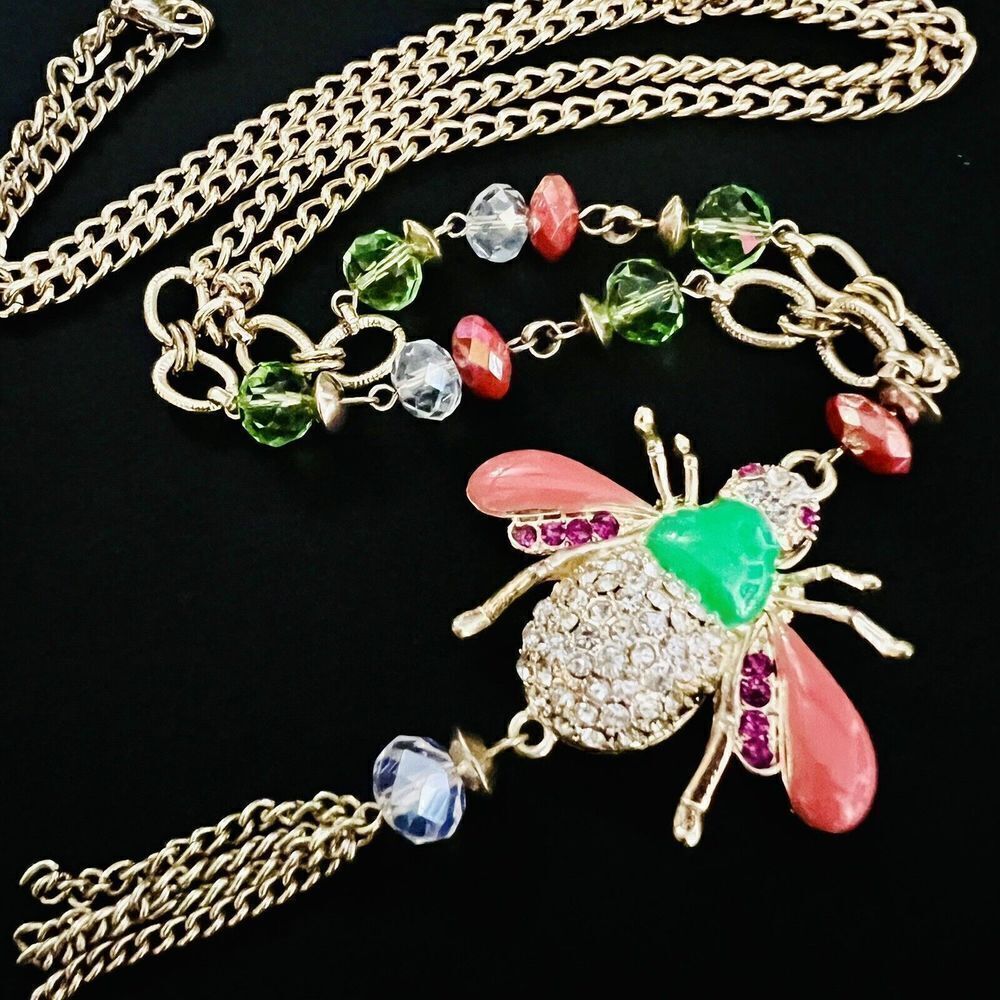 Whimsical BUMBLE BEE Pink Green Rhinestone Enamel Crystal Pendant Necklace